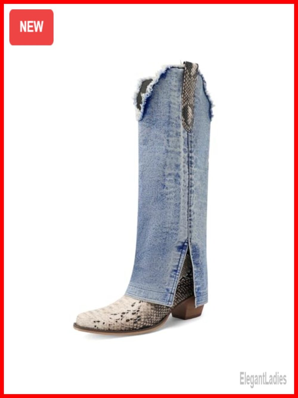 Denim Cowboy Boots Knee High Pointed Toe Pull On Block Heel